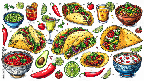 Colorful hand drawn Mexican food collection featuring tacos, burritos, chili peppers, avocados, and margarita drinks