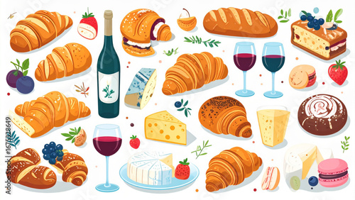 French bakery illustration set with croissants, baguette, cheese, wine, and macarons in flat vector style