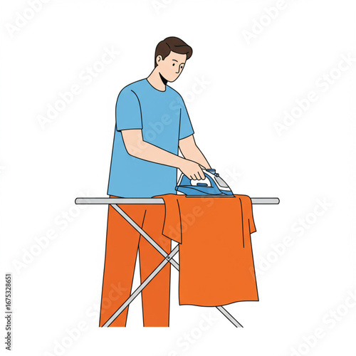 A focused man in casual wear ironing clothing on a board, a simple vector illustration depicting a common household chore and daily domestic life