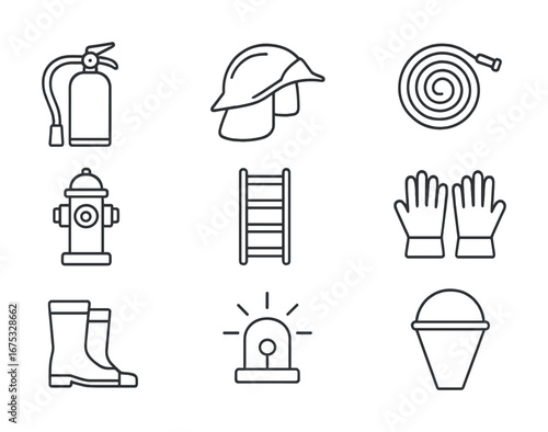 Fire safety equipment: extinguisher, helmet, hose, hydrant, ladder, gloves, boots, alarm, bucket