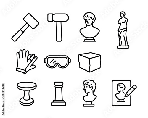 Art tools and sculptures icons: mallets, busts, gloves, goggles, pedestal blocks