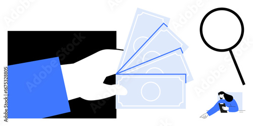 Hand holding cash, magnifying glass symbolizing scrutiny, woman viewing data on tablet. Ideal for finance, research, investment, analysis, budgeting, auditing simple landing page