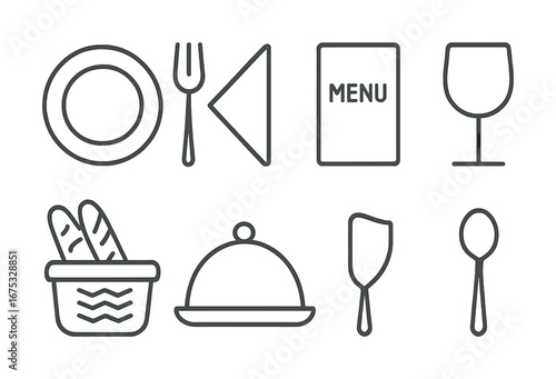 Minimalist tableware icons set: plates, utensils, glass, menu, bread, dome lid