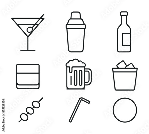 Assorted bar icons: cocktail, shaker, bottle, glass, beer, ice bucket
