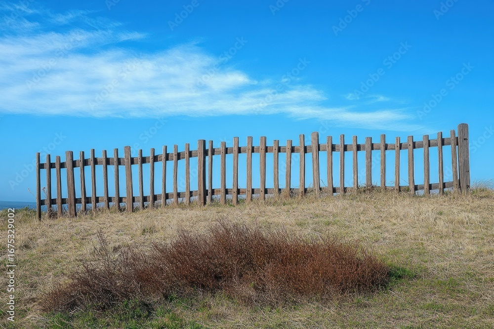 Obraz premium Old wooden fence on dry grassy hill under clear blue sky with gentle clouds evoking calm and openness