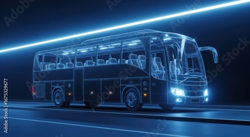 Futuristic bus outlined in glowing blue light