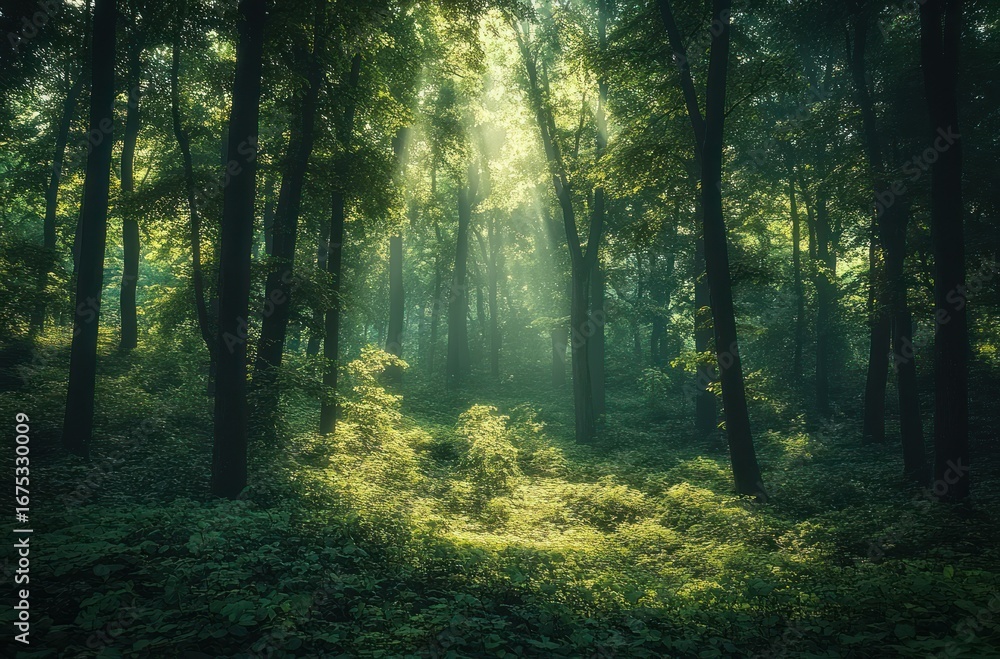 Naklejka premium Sunlight beams piercing through tall trees illuminating lush green forest floor creating a serene and peaceful natural woodland scene