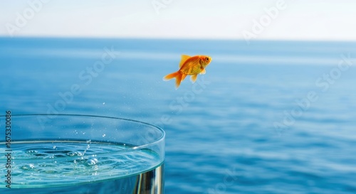 Goldfish leaping from glass bowl to ocean
