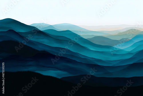 A serene mountain landscape featuring multiple layers of blue-toned ridges fading into the distance under a soft sky.