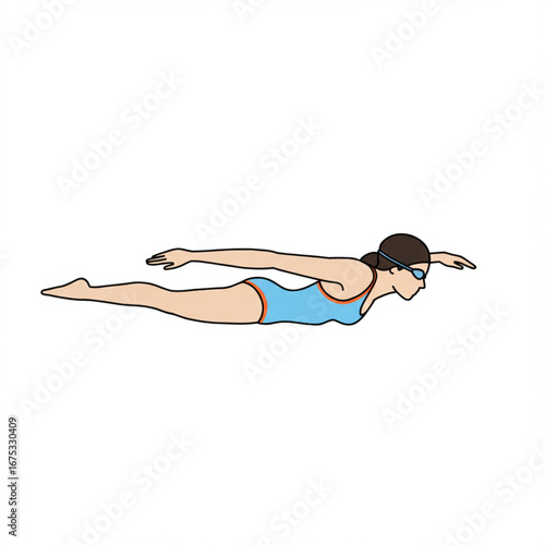A detailed illustration of a female athlete in a blue swimsuit and goggles gracefully executing the butterfly swimming stroke