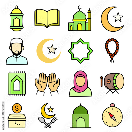 Icon pack, icon sheet, islamic theme, outline and colored version, transparent background PNG