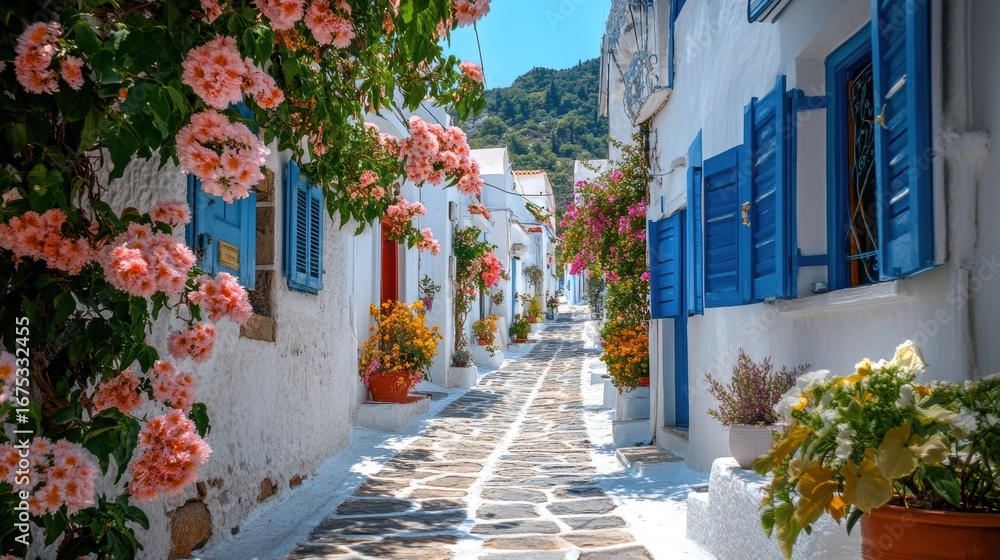 Fototapeta premium Watercolor of Traditional greek Santorini house with bougainvillea flowers,Greece islands blue white traditional cafe restaurant architecture,Santorini blue door window,Mediterranean scene.