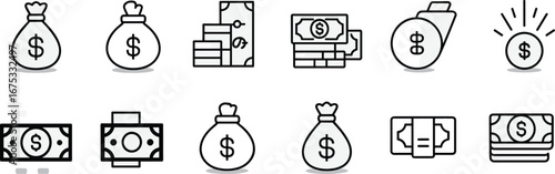 Money bag icons, cash symbols, dollar coin illustration, financial banking icons, currency design, payment icons, business finance, economy vector