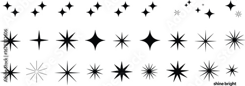 Sparkle star vector icons, shining light symbols, twinkle star silhouettes, glowing decoration elements, abstract starburst design, celestial bright sparkle illustration