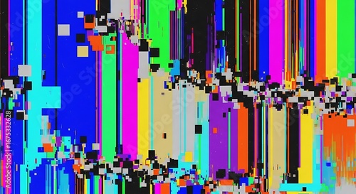 Abstract digital art with vibrant vertical stripes and pixelated glitches.