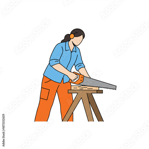 A woman carpenter in work clothes sawing a wooden plank on a sawhorse. DIY home improvement and woodworking concept illustration