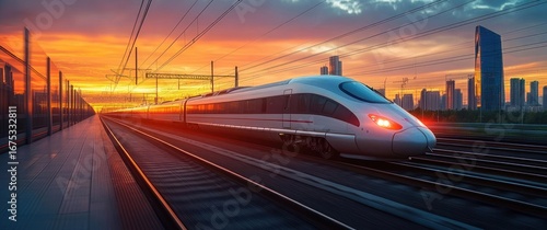 Modern high-speed train traveling on railway tracks during vibrant sunset with city skyline in the background