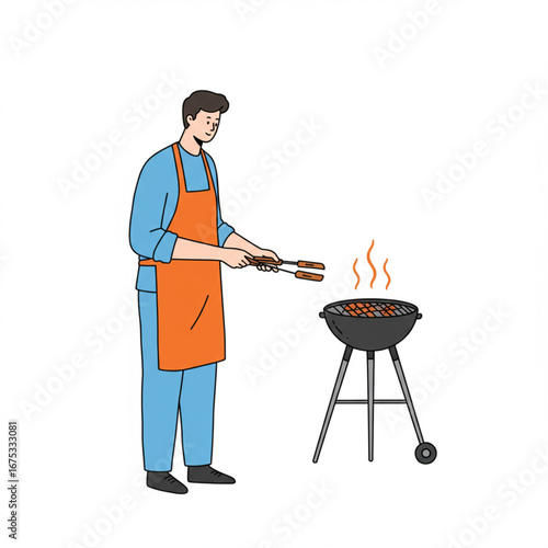 Man Grilling Sausages on a Barbecue Grill A Summertime Cookout Illustration