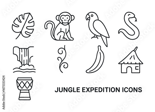 Jungle expedition icons: monkey, parrot, snake, waterfall, hut, drum, and nature symbols