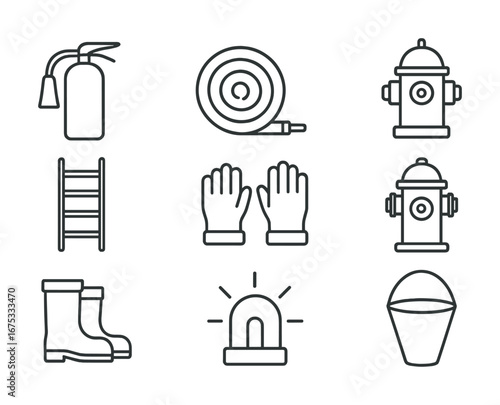 Essential firefighting equipment icons: extinguisher, hydrant, ladder, gloves, boots, bucket, hose, alarm