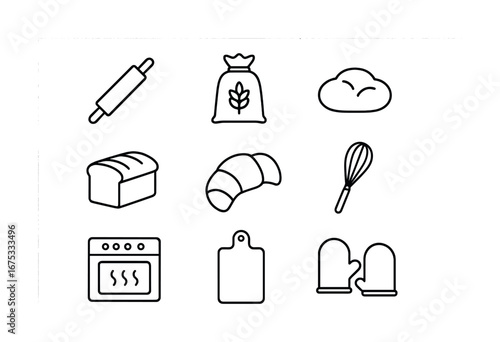 Baking icons set: tools and ingredients including bread, rolling pin, oven mitts
