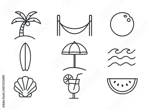 Summer beach icons: palm tree, hammock, surfboard, umbrella, coconut, waves, shell, drink, watermelon