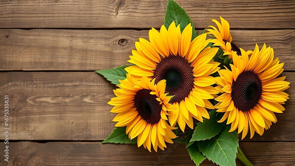 Fototapeta premium Sunflower bouquet on a rustic wooden surface with warm directional lighting.