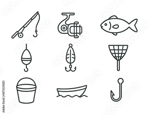 Fishing equipment icons set: rod, reel, fish, hooks, buoy, boat, net