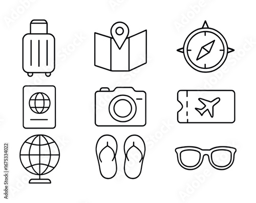 Travel essentials: suitcase, map, compass, passport, camera, ticket, globe, flip-flops, sunglasses