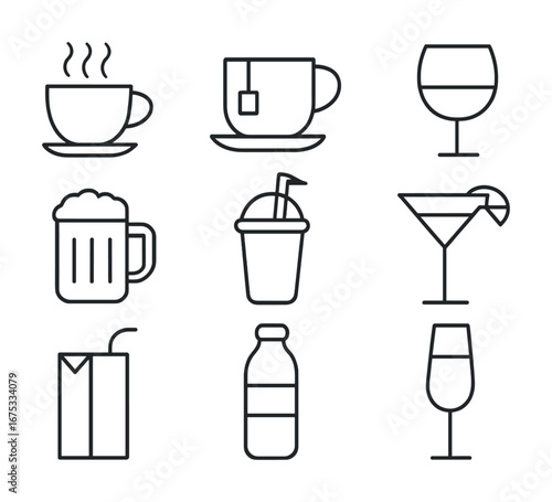 Variety of beverage icons: tea, coffee, wine, beer, juice, water bottle, cocktail