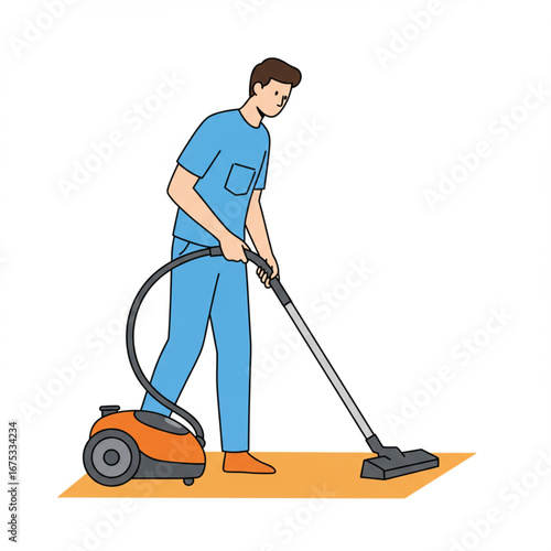 A man diligently performing household chores, using a vacuum cleaner to clean the floor and maintain a tidy living space