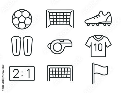 Outline icons of soccer equipment including ball goal whistle and jersey