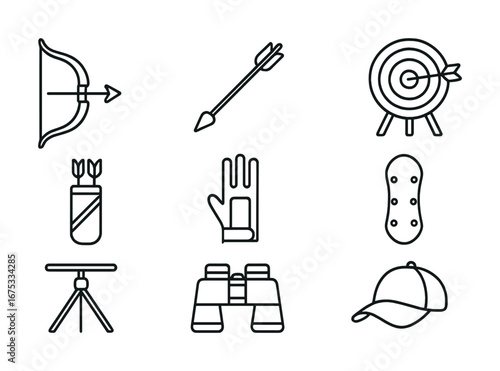 Archery equipment set: bow, arrow, target, quiver, glove, finger tab, tripod, binoculars, cap icons