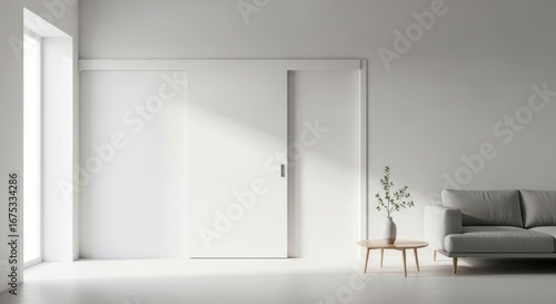 Minimalist, bright living room with sliding door
