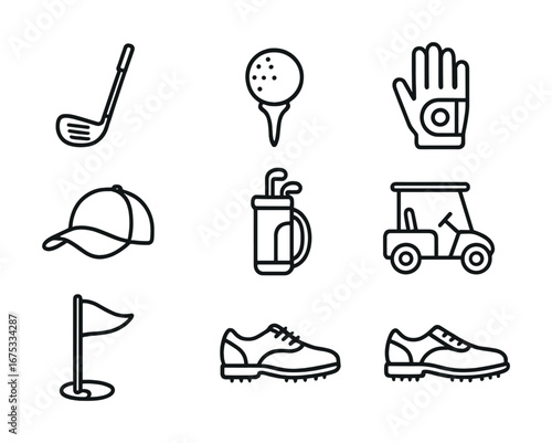 Golf equipment icons set: club, tee, glove, cap, bag, cart, flag, shoes