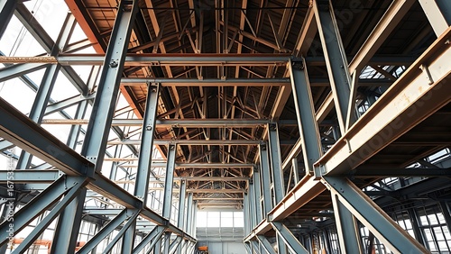 Wallpaper Mural Geometric arrangement of industrial steel beams at a construction site, bathed in soft natural light. Torontodigital.ca
