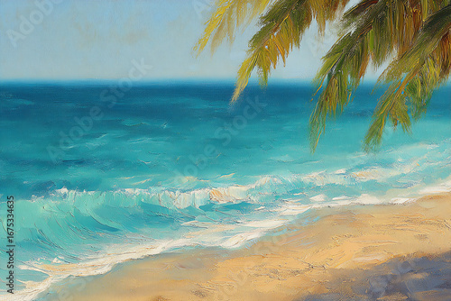 An ocean shoreline with gentle waves and palm tree leaves hanging above sandy beach.