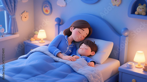 3D Cartoon Illustration of a Warm Mother and Child Lying in Bed Sleeping