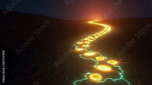 A glowing path with shifting footprints emitting health-enhancing energy waves.