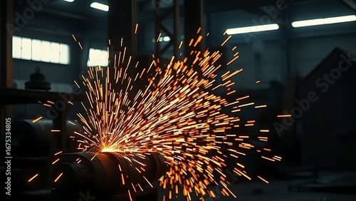 Industrial workshop scene with glowing sparks captured in motion against a dark backdrop.