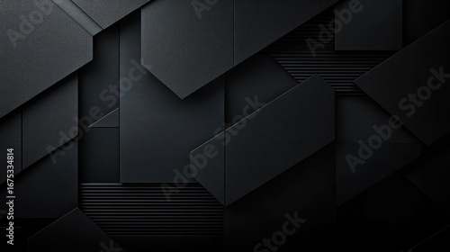 abstract geometric composition with layered black textured rectangular and trapezoidal shapes creating a modern pattern