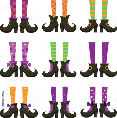 Nine pairs of witch legs wearing colorful striped stockings and black boots