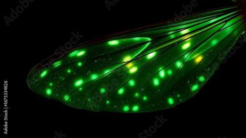 A microscopic view of a bioluminescent mosquito wing, glowing with intricate patterns in darkness.