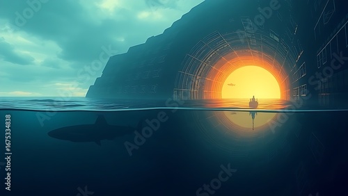 Glowing wormhole tunnel through ocean depths, featuring ghostly submarine silhouettes in an engineering marvel.