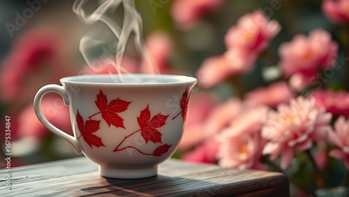 Porcelain teacup with red maple motifs, steam rising from amber oolong tea.