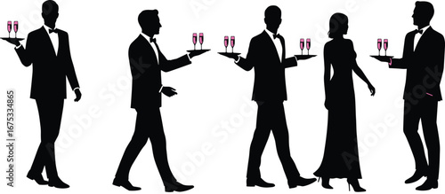 Elegant waiters and waitresses in formal attire serving drinks and champagne at a luxury party or event vector illustration.