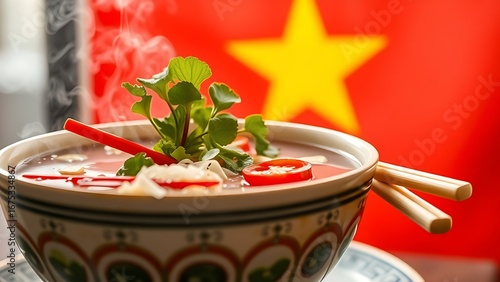 Traditional pho bowl with fresh herbs and chili, steam rising against blurred red flag, golden chopsticks nearby.