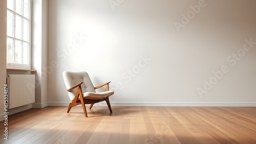 Empty living room featuring a mid-century modern chair, bathed in soft natural light for a serene and inviting atmosphere.