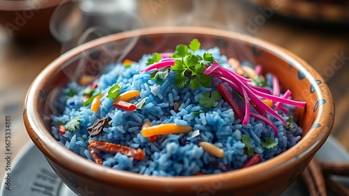 Colorful nasi kerabu in a terracotta bowl, blue rice contrasting with fresh herbs and aromatic spices.