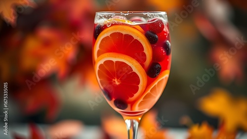 A glass of sangria with fresh citrus and berries, evoking warm Spanish National Day celebrations.